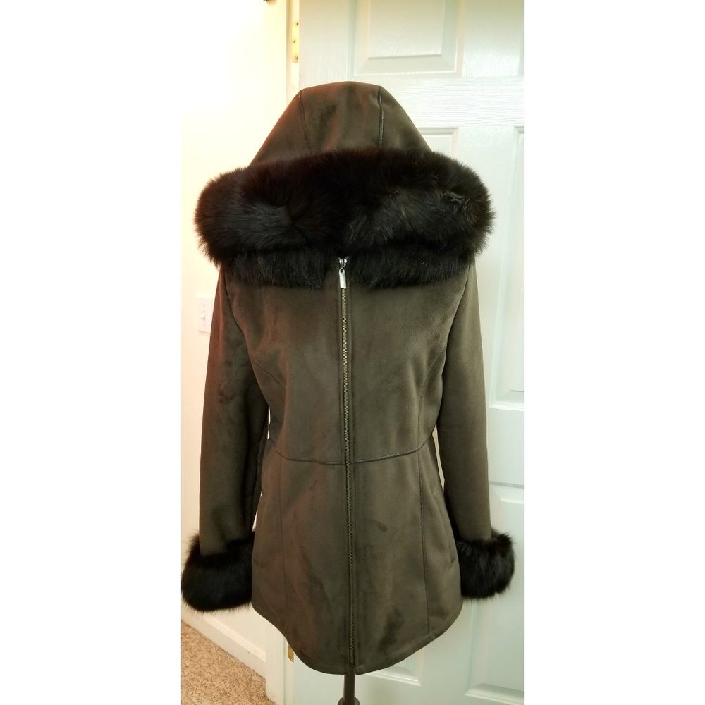 NWOT Fur Trimmed brown faux fur suede real fox fur S coat